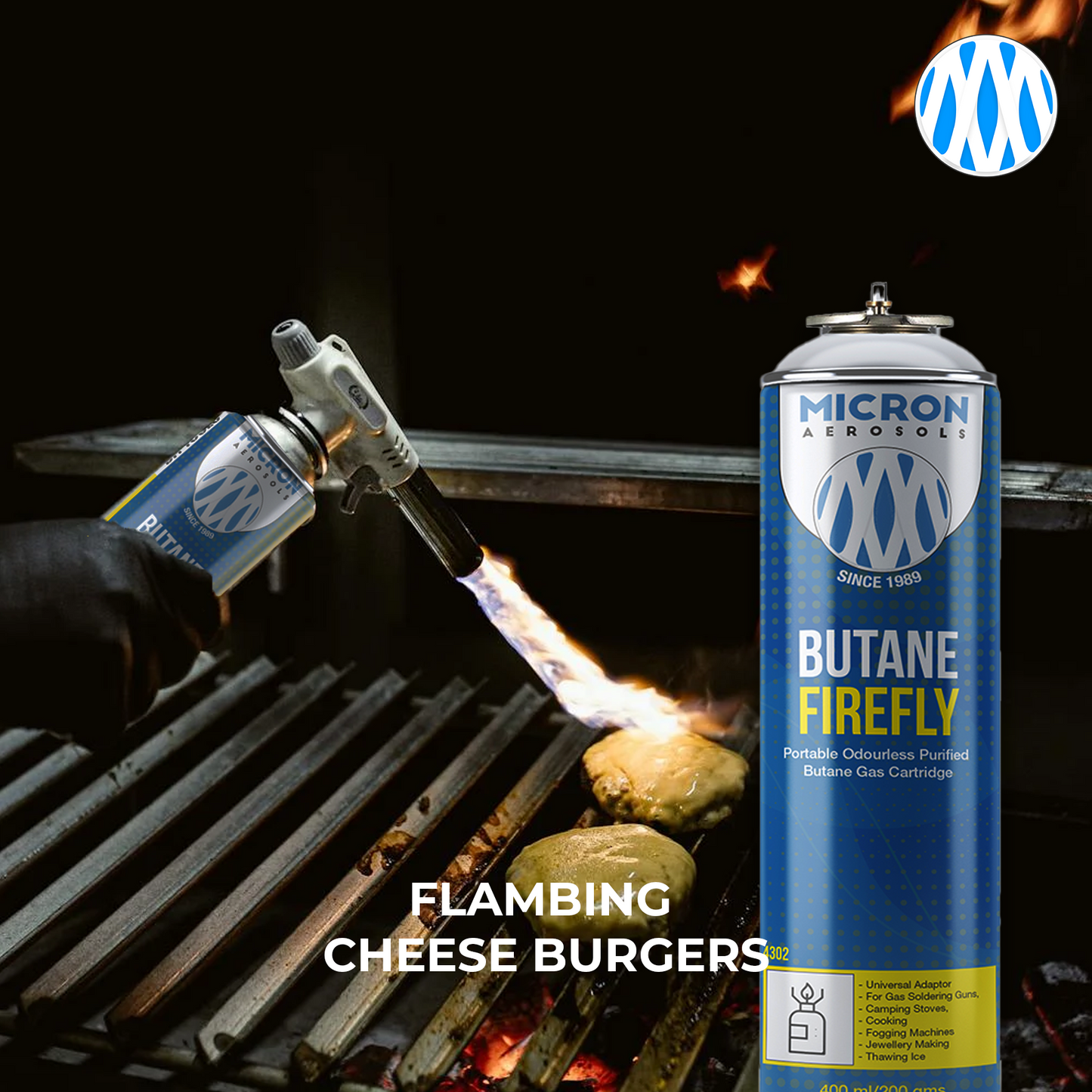 4300 Micron Aerosols® Butane Firefly | Butane Gas Cartridge | For Portable Gas Stoves, Flame Guns, Flame Throwers