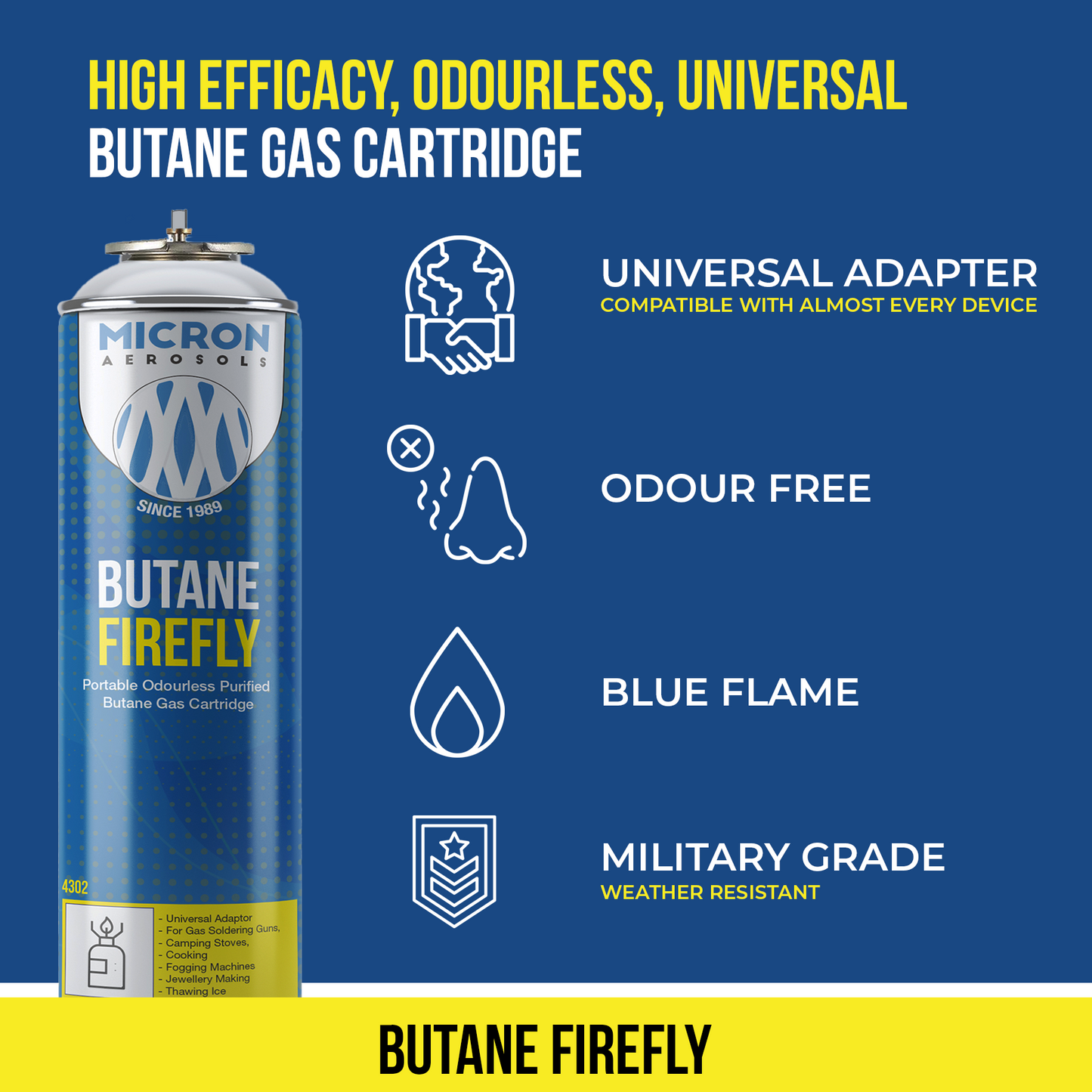 4300 Micron Aerosols® Butane Firefly | Butane Gas Cartridge | For Portable Gas Stoves, Flame Guns, Flame Throwers