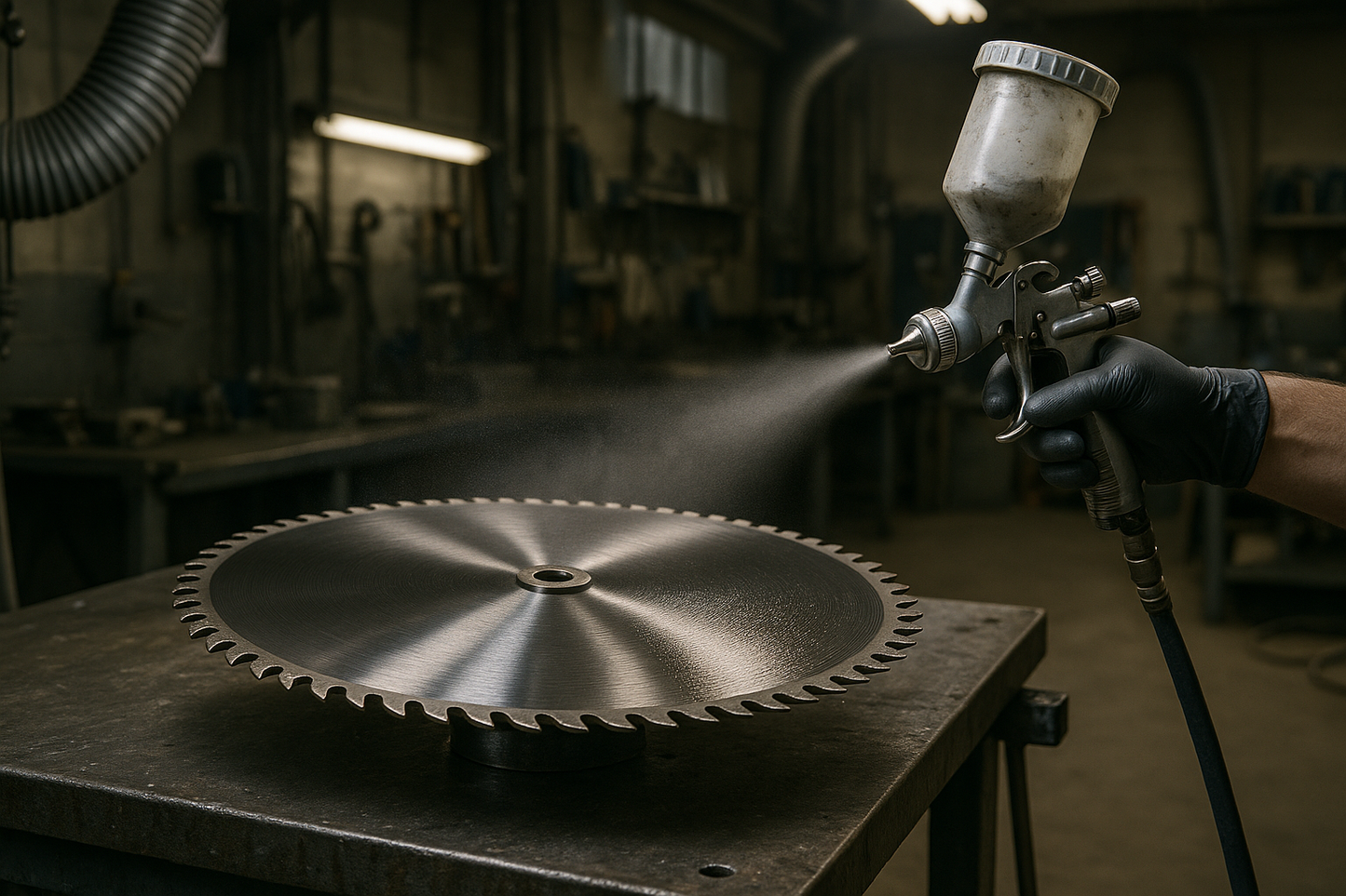 A Circular Metal Saw Blade being sprayed with a transparent protective coating in a workshop