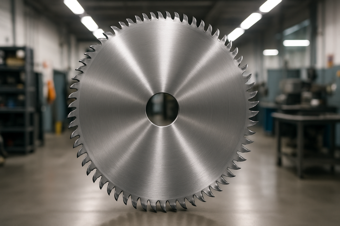 A Circular Metal Saw Blade in a well lit Industrial workshop