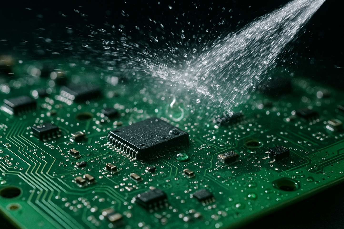 A closeup shot of a PCB being cleaned by a clear transparent liquid in spray form.