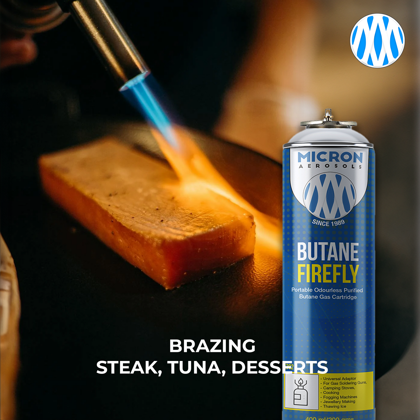 Micron Aerosols® Butane Firefly | Butane Gas Cartridge | For Portable Gas Stoves, Flame Guns, Flame Throwers