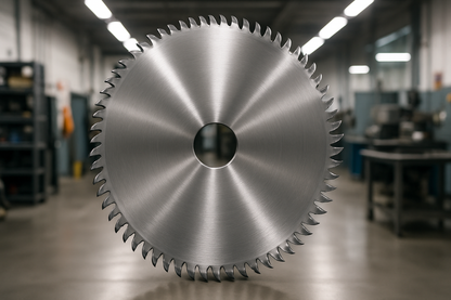 A Circular Metal Saw Blade in a well lit Industrial workshop