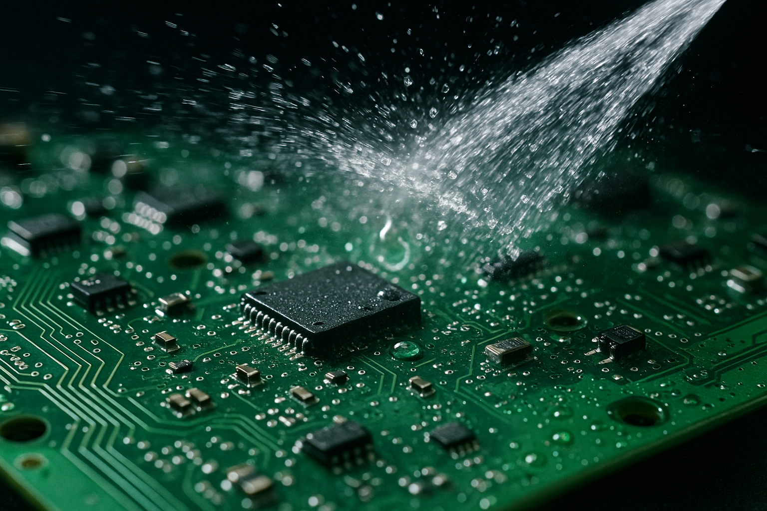 A closeup shot of a PCB being cleaned by a clear transparent liquid in spray form.