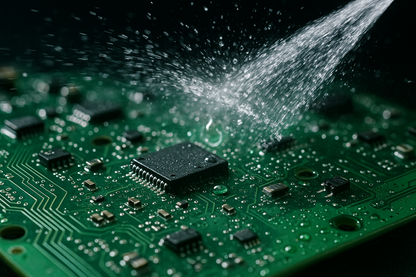 A closeup shot of a PCB being cleaned by a clear transparent liquid in spray form.