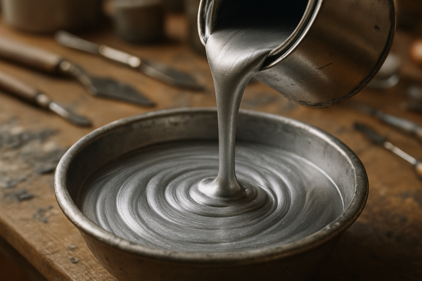 A closeup shot of Silver paint being poured in a painting bowl 