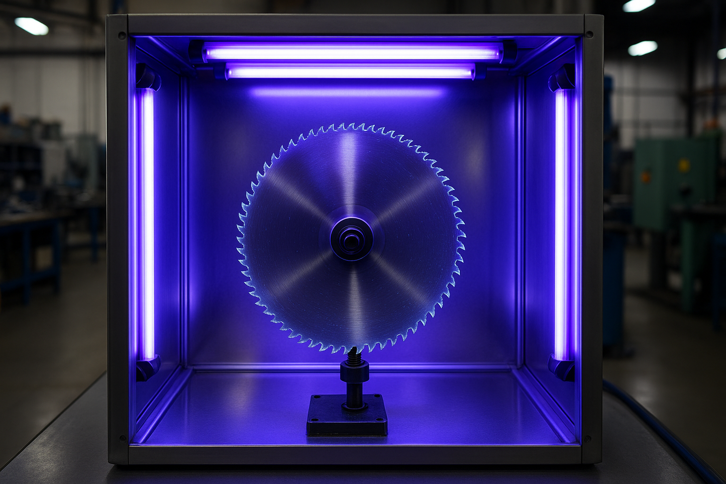 A Metal Saw Blade kept in a UV light booth for inspection under well lit UV Lights in an industrial workshop