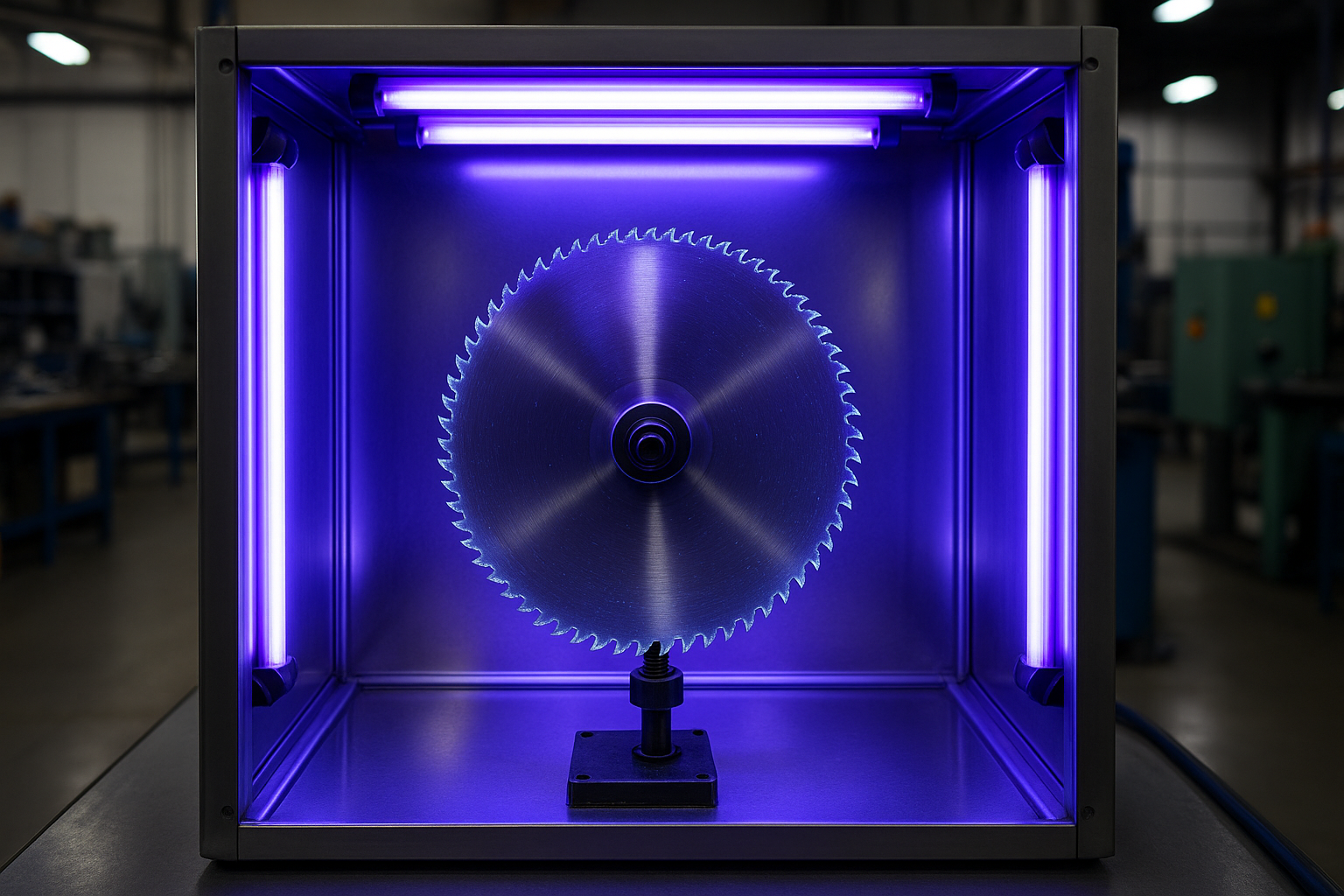 A Metal Saw Blade kept in a UV light booth for inspection under well lit UV Lights in an industrial workshop