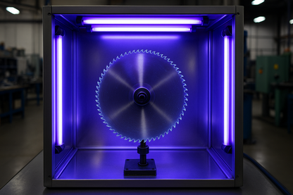 A Metal Saw Blade kept in a UV light booth for inspection under well lit UV Lights in an industrial workshop