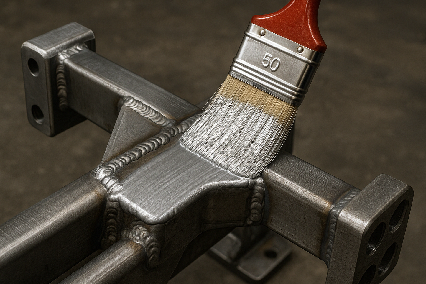 A silver paint being applied on a newly welded metal component by brush