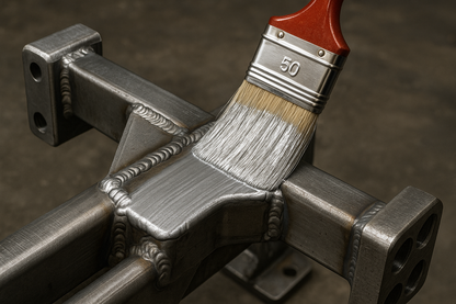 A silver paint being applied on a newly welded metal component by brush